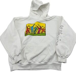 Keith Haring White Graphic Hoodie Dancing Figures Art Sleeve Print Large